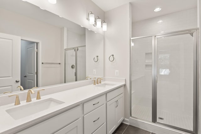2797 Rutlege Rd Unit 197, Rockingham, VA 22801 - full bath featuring a stall shower, double vanity, recessed lighting, and tile patterned floors