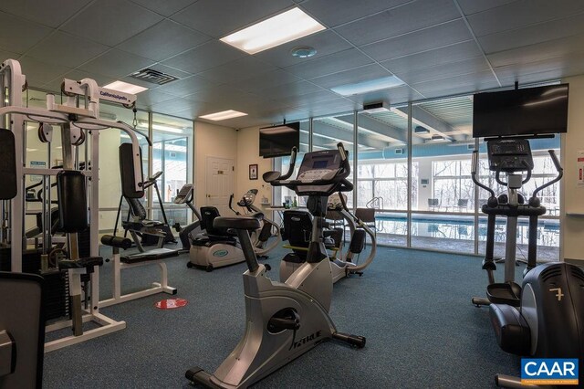 gym featuring floor to ceiling windows, plenty of natural light, and a drop ceiling