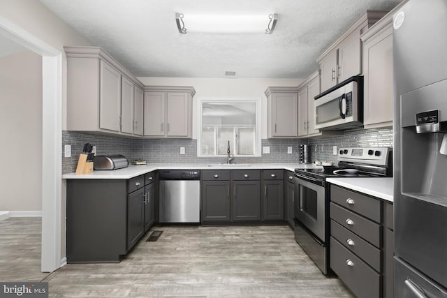 740 Lakeview Pkwy, Locust Grove, VA 22508 - kitchen featuring appliances with stainless steel finishes, a sink, gray cabinetry, decorative backsplash, and a textured ceiling