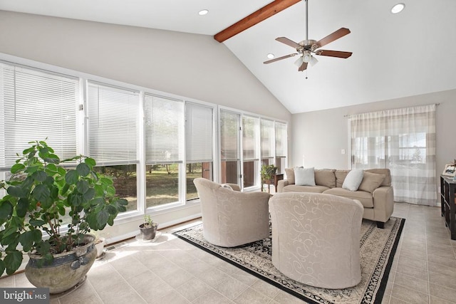 740 Lakeview Pkwy, Locust Grove, VA 22508 - living area with healthy amount of natural light, beamed ceiling, ceiling fan, recessed lighting, and high vaulted ceiling