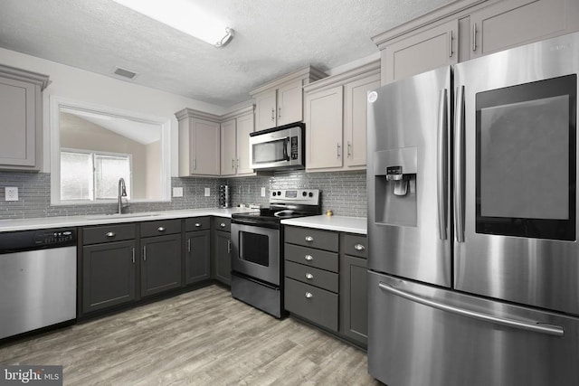 740 Lakeview Pkwy, Locust Grove, VA 22508 - kitchen with stainless steel appliances, a sink, gray cabinetry, light countertops, and tasteful backsplash