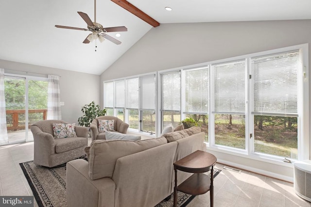 740 Lakeview Pkwy, Locust Grove, VA 22508 - living room with light tile patterned floors, beam ceiling, high vaulted ceiling, a ceiling fan, and recessed lighting