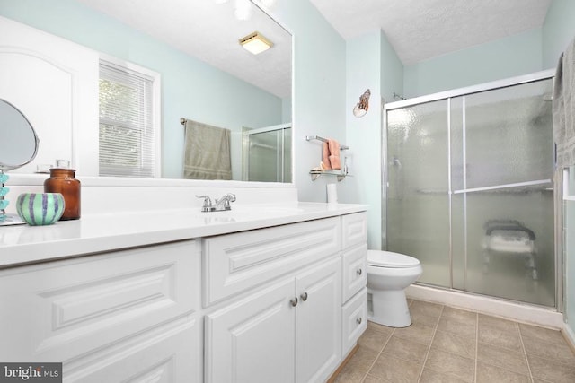 740 Lakeview Pkwy, Locust Grove, VA 22508 - full bathroom featuring toilet, a stall shower, tile patterned floors, vanity, and a textured ceiling