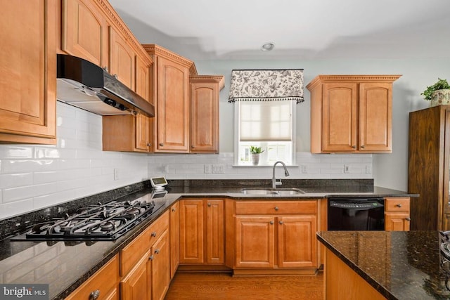 5715 Kesslers Xing W, Fredericksburg, VA 22407 - kitchen featuring under cabinet range hood, black appliances, and dark stone counters