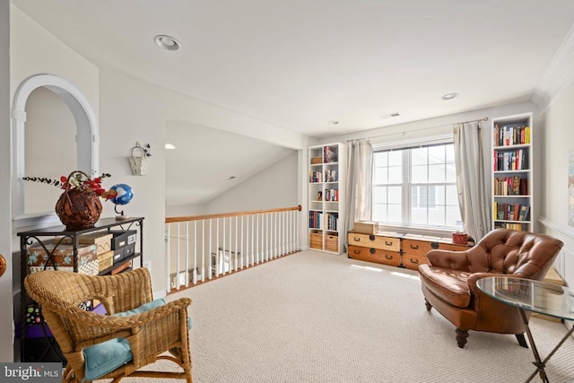 5715 Kesslers Xing W, Fredericksburg, VA 22407 - living area featuring carpet, lofted ceiling, and recessed lighting