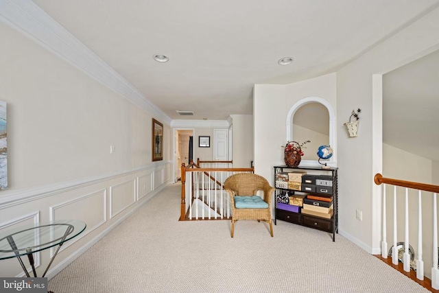 5715 Kesslers Xing W, Fredericksburg, VA 22407 - corridor with an upstairs landing, light colored carpet, ornamental molding, and a wainscoted wall