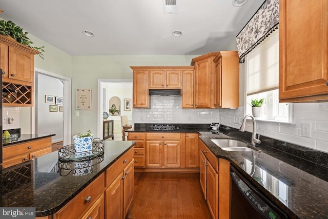 5715 Kesslers Xing W, Fredericksburg, VA 22407 - kitchen with dishwasher, dark wood finished floors, tasteful backsplash, and dark stone countertops