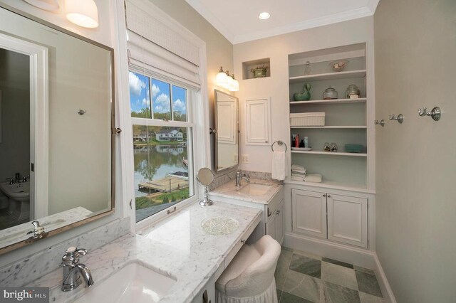 1411 Lakeview Pkwy, Locust Grove, VA 22508 - full bathroom featuring ornamental molding, a water view, double vanity, recessed lighting, and a bidet