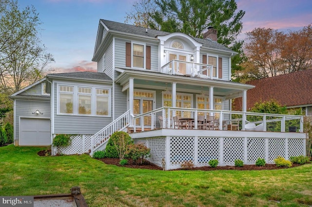 1411 Lakeview Pkwy, Locust Grove, VA 22508 - back of house featuring a chimney, covered porch, a lawn, a garage, and stairs
