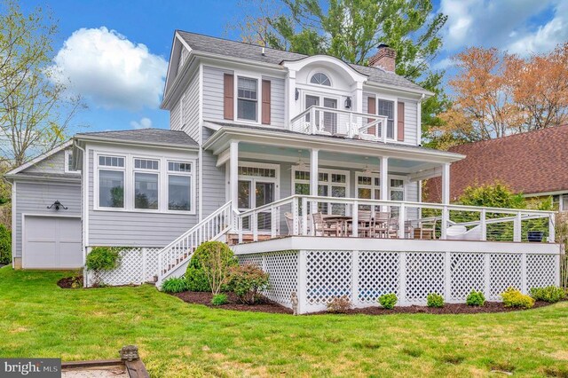 1411 Lakeview Pkwy, Locust Grove, VA 22508 - back of property with a ceiling fan, a lawn, a chimney, a balcony, and stairs