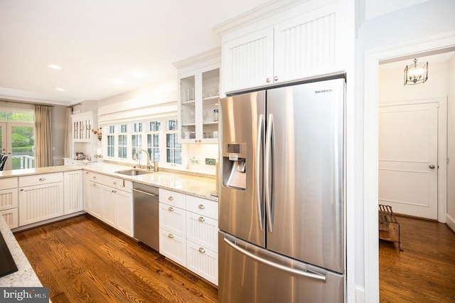 1411 Lakeview Pkwy, Locust Grove, VA 22508 - kitchen featuring appliances with stainless steel finishes, a sink, dark wood-style floors, glass insert cabinets, and recessed lighting