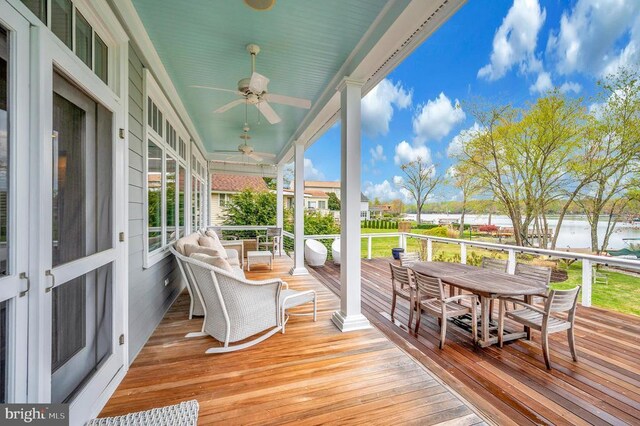 1411 Lakeview Pkwy, Locust Grove, VA 22508 - sunroom / solarium with a water view, a ceiling fan, and outdoor dining space
