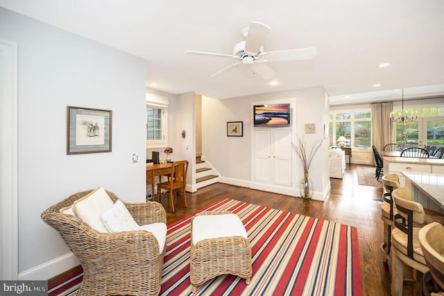 1411 Lakeview Pkwy, Locust Grove, VA 22508 - living area featuring wood finished floors, stairway, recessed lighting, baseboards, and a chandelier