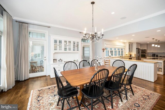 1411 Lakeview Pkwy, Locust Grove, VA 22508 - dining room featuring a chandelier, crown molding, dark wood-style floors, and recessed lighting