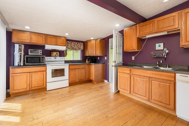 911 Old White Hill Rd, Stuarts Draft, VA 24477 - kitchen with white appliances, a sink, under cabinet range hood, light wood-style floors, and recessed lighting