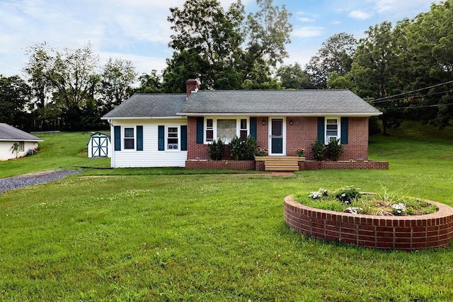 911 Old White Hill Rd, Stuarts Draft, VA 24477 - ranch-style home with a chimney, brick siding, a front yard, and a shed