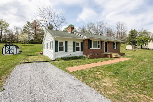 911 Old White Hill Rd, Stuarts Draft, VA 24477 - single story home featuring a shed, a chimney, driveway, a front yard, and brick siding