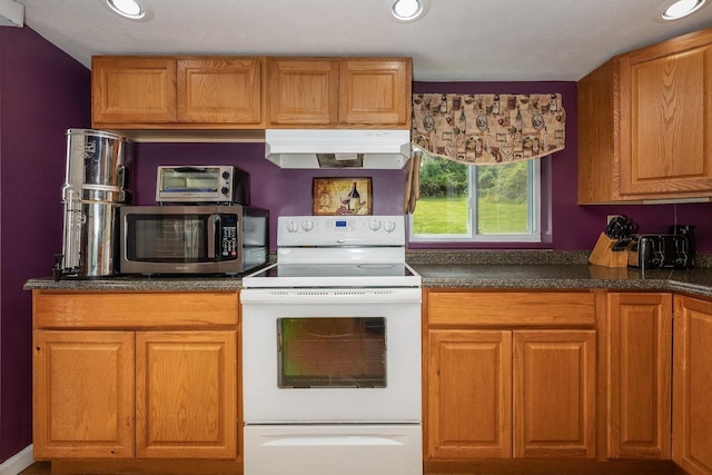 911 Old White Hill Rd, Stuarts Draft, VA 24477 - kitchen with white electric range oven, ventilation hood, stainless steel microwave, recessed lighting, and dark countertops