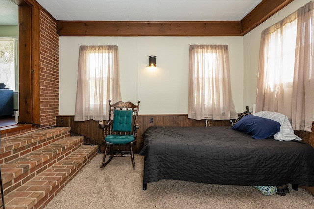 911 Old White Hill Rd, Stuarts Draft, VA 24477 - bedroom with multiple windows, a wainscoted wall, wooden walls, and carpet floors