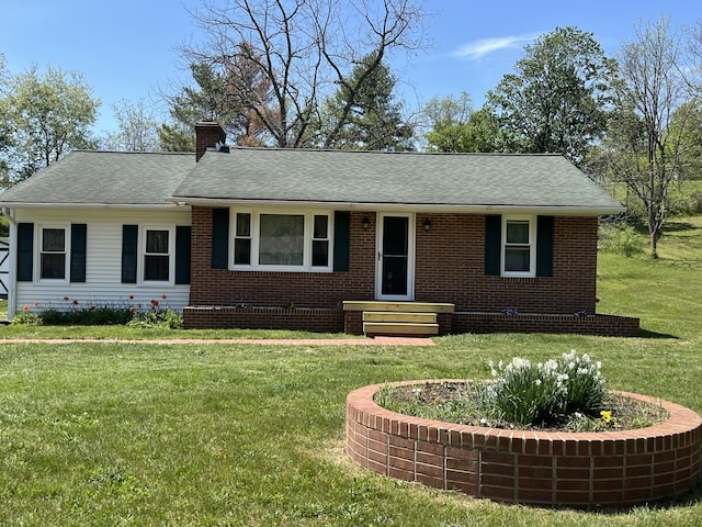 911 Old White Hill Rd, Stuarts Draft, VA 24477 - view of front facade featuring brick siding, a front yard, a chimney, and roof with shingles