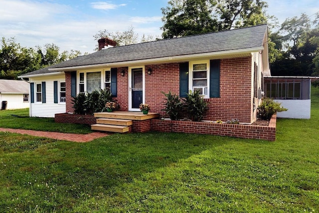 911 Old White Hill Rd, Stuarts Draft, VA 24477 - ranch-style house with a chimney, a front yard, brick siding, and a shingled roof