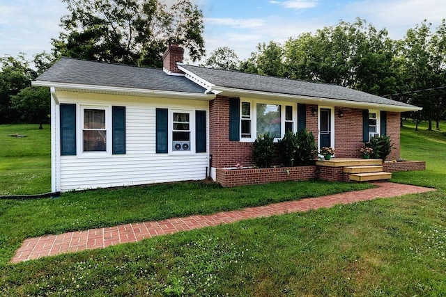 911 Old White Hill Rd, Stuarts Draft, VA 24477 - ranch-style house with a chimney, a front yard, and brick siding
