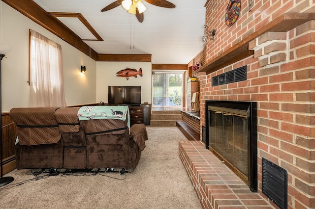 911 Old White Hill Rd, Stuarts Draft, VA 24477 - carpeted living area with a brick fireplace and a ceiling fan