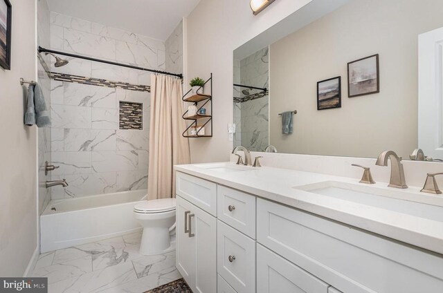 208 Yorktown Blvd, Locust Grove, VA 22508 - full bath featuring marble look tile flooring, toilet, shower / bath combo, double vanity, and baseboards