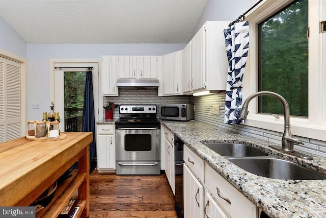 kitchen with white cabinets, under cabinet range hood, stainless steel appliances, and a sink