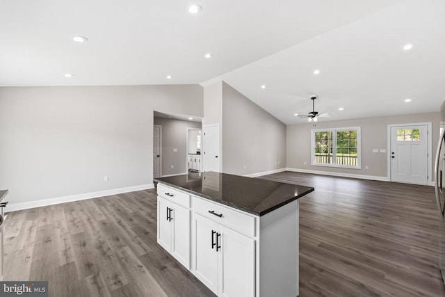 2434 Repton Mill Rd, Aroda, VA 22709 - kitchen featuring open floor plan, ceiling fan, lofted ceiling, a center island, and dark wood-type flooring