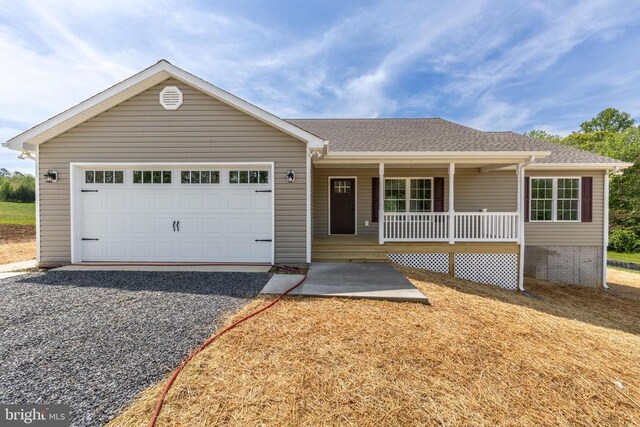 2434 Repton Mill Rd, Aroda, VA 22709 - ranch-style home with covered porch, a garage, driveway, and a shingled roof