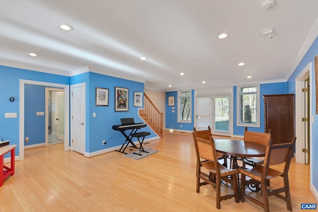 dining area featuring stairway, ornamental molding, baseboards, and recessed lighting