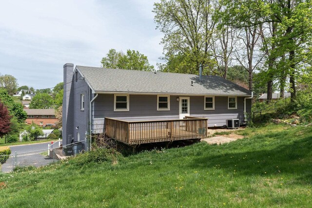 402 Marshall St, Staunton, VA 24401 - rear view of property featuring cooling unit, a deck, a chimney, and roof with shingles