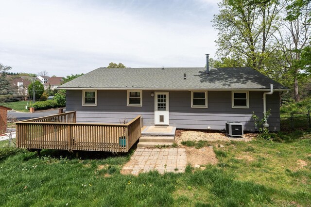 402 Marshall St, Staunton, VA 24401 - back of property featuring central AC unit, a wooden deck, and a shingled roof
