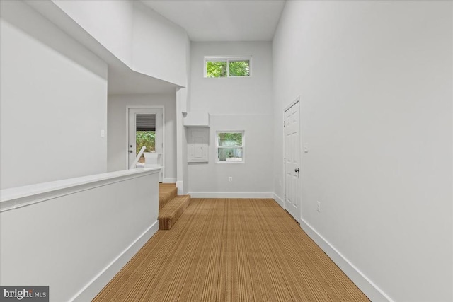 3050 Patriot Ln, Fredericksburg, VA 22408 - hallway featuring plenty of natural light, a towering ceiling, stairway, and carpet
