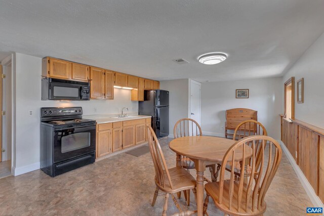 3340 James River Rd, Howardsville, VA 24562 - kitchen featuring baseboards, visible vents, a sink, black appliances, and light countertops