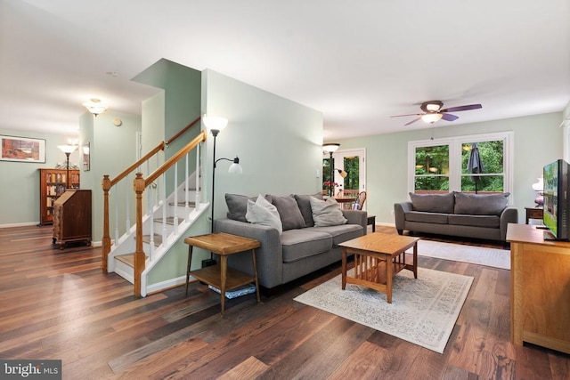 11332 Brinker Ct, Culpeper, VA 22701 - living room with stairway, ceiling fan, dark wood finished floors, and baseboards