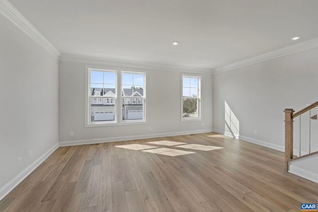 unfurnished living room with stairs, crown molding, light wood-type flooring, baseboards, and recessed lighting