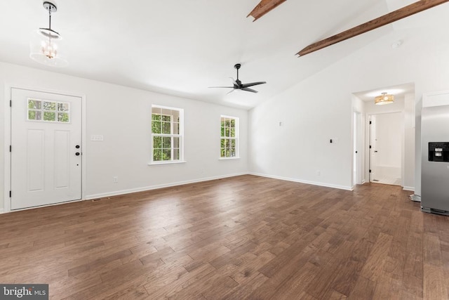 928 Days Bridge Rd, Mineral, VA 23117 - unfurnished living room with ceiling fan, beam ceiling, dark wood-type flooring, baseboards, and high vaulted ceiling