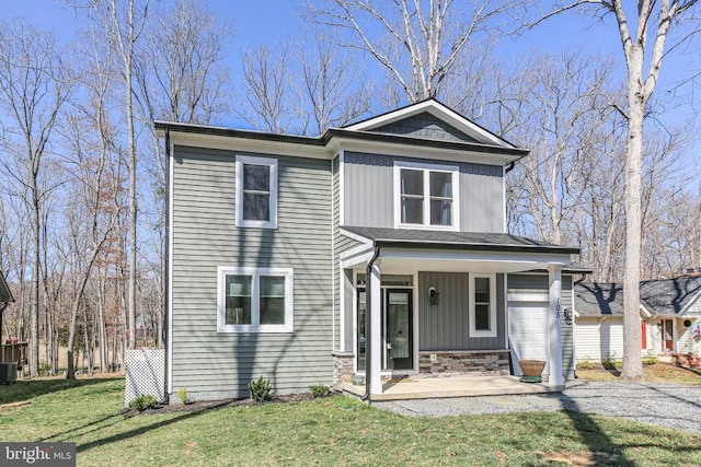 105 Chesterfield Ct, Locust Grove, VA 22508 - view of front of house with board and batten siding, a front lawn, stone siding, a porch, and cooling unit