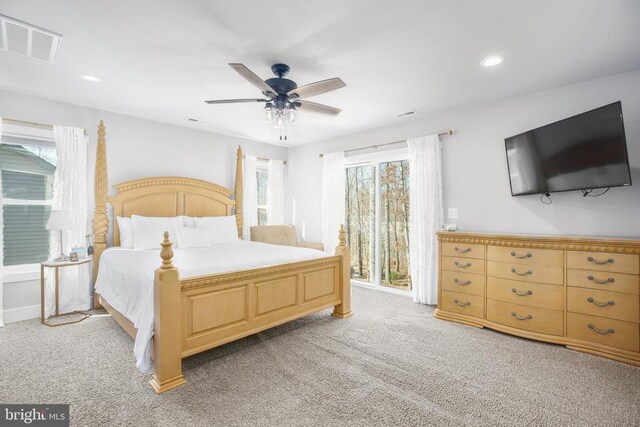 105 Chesterfield Ct, Locust Grove, VA 22508 - bedroom with light carpet, access to exterior, ceiling fan, and recessed lighting