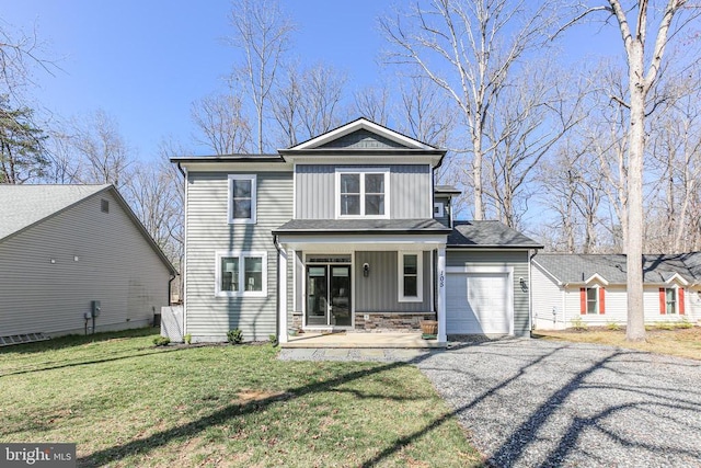 105 Chesterfield Ct, Locust Grove, VA 22508 - back of house with board and batten siding, an attached garage, a lawn, and driveway