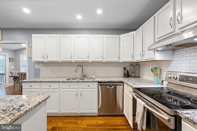 11104 Piney Forest Rd, Bumpass, VA 23024 - kitchen with appliances with stainless steel finishes, a sink, white cabinetry, and recessed lighting