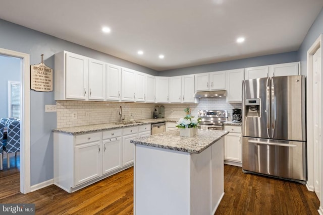 11104 Piney Forest Rd, Bumpass, VA 23024 - kitchen featuring stainless steel appliances, under cabinet range hood, a sink, white cabinets, and tasteful backsplash