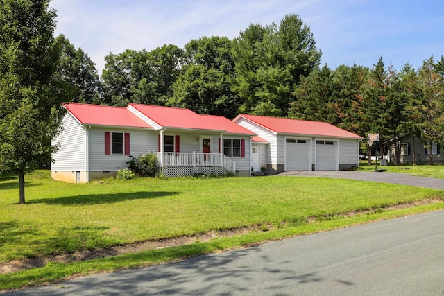 57 Greenbriar Ln, Stuarts Draft, VA 24477 - single story home featuring a porch, crawl space, asphalt driveway, an attached garage, and a front yard