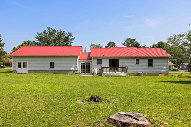 57 Greenbriar Ln, Stuarts Draft, VA 24477 - rear view of property with a wooden deck, a lawn, a metal roof, and crawl space