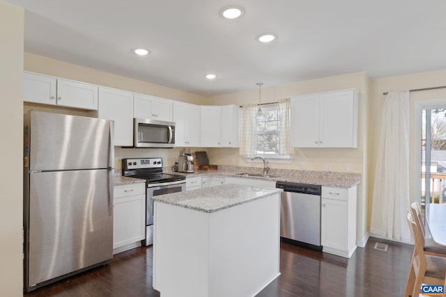 kitchen featuring appliances with stainless steel finishes, a sink, white cabinetry, dark wood-style floors, and recessed lighting