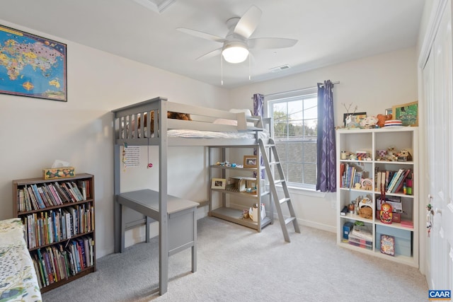 bedroom featuring carpet floors, baseboards, and ceiling fan