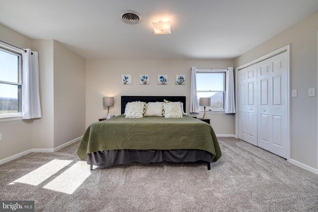 bedroom featuring carpet flooring, baseboards, and a closet