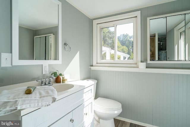 1055 Hacktown Rd, Keswick, VA 22947 - bathroom with vanity, toilet, crown molding, and wood finished floors